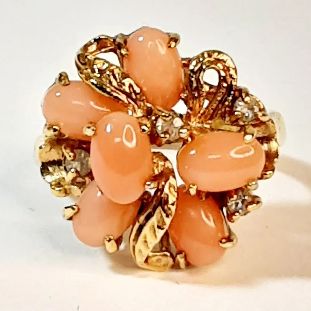 Oval Peach Pink Cluster Caobochon Ring Gold Tone Floral Design Size 5
